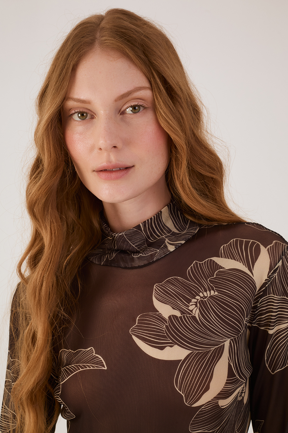 Brown Flora  Tulle Turtleneck