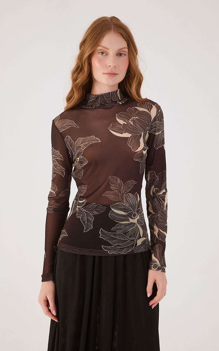 Brown Flora  Tulle Turtleneck