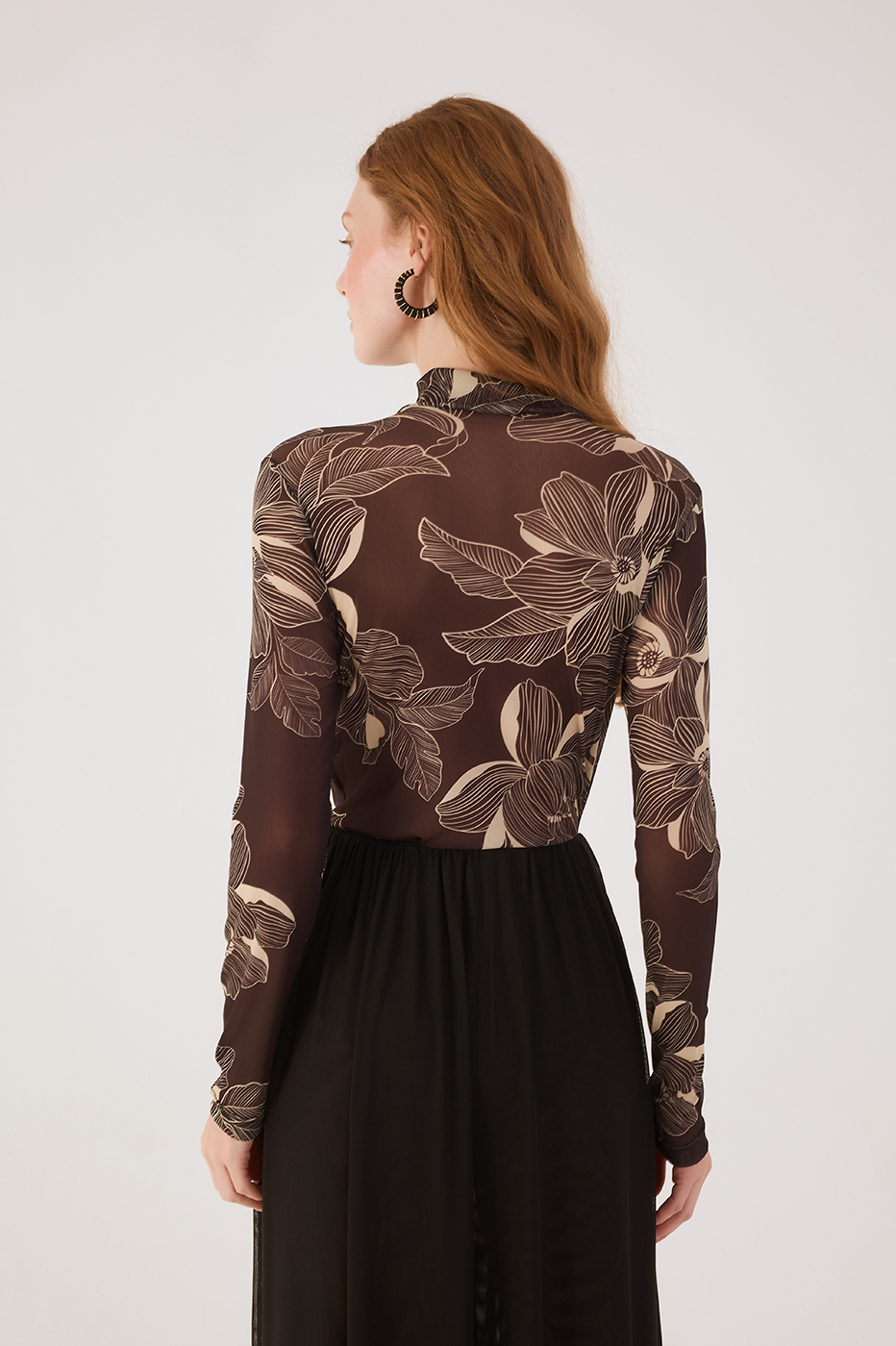 Brown Flora  Tulle Turtleneck