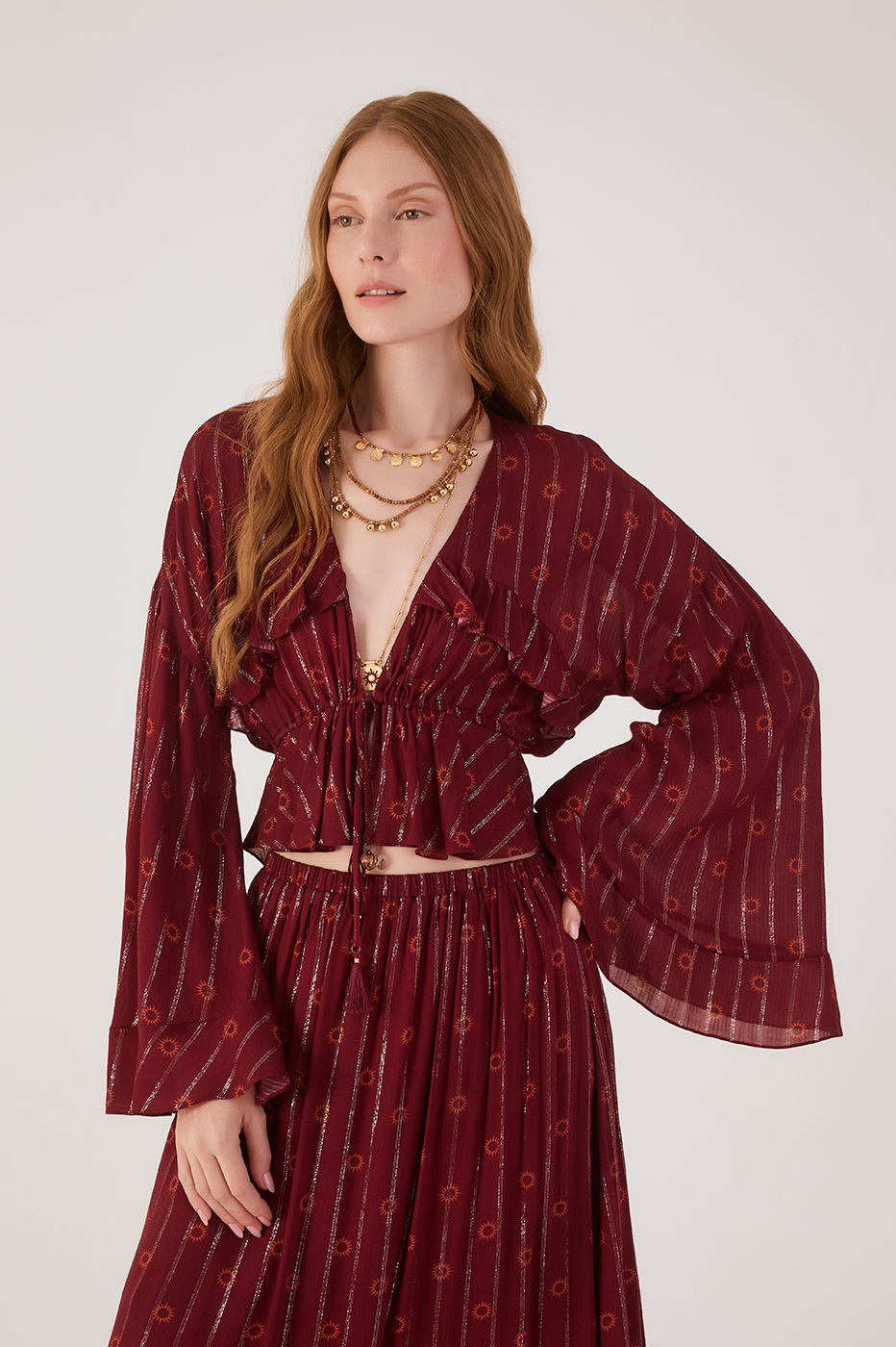 Marsala Solar Boho Lurex Front Ties Ruffle Blouse_2