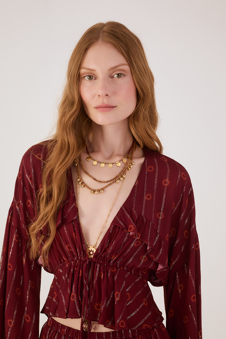 Marsala Solar Boho Lurex Front Ties Ruffle Blouse_3