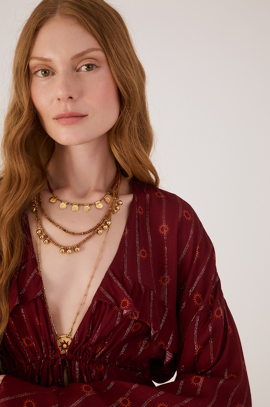 Marsala Solar Boho Lurex Front Ties Ruffle Blouse_4