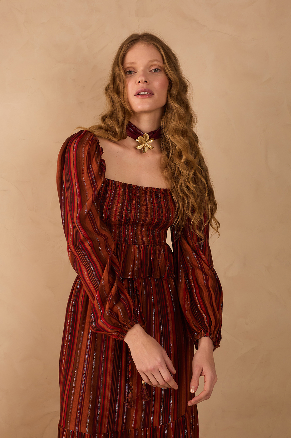 Brown Refugio Lurex Square Neck Smocked Bodice Blouse_1