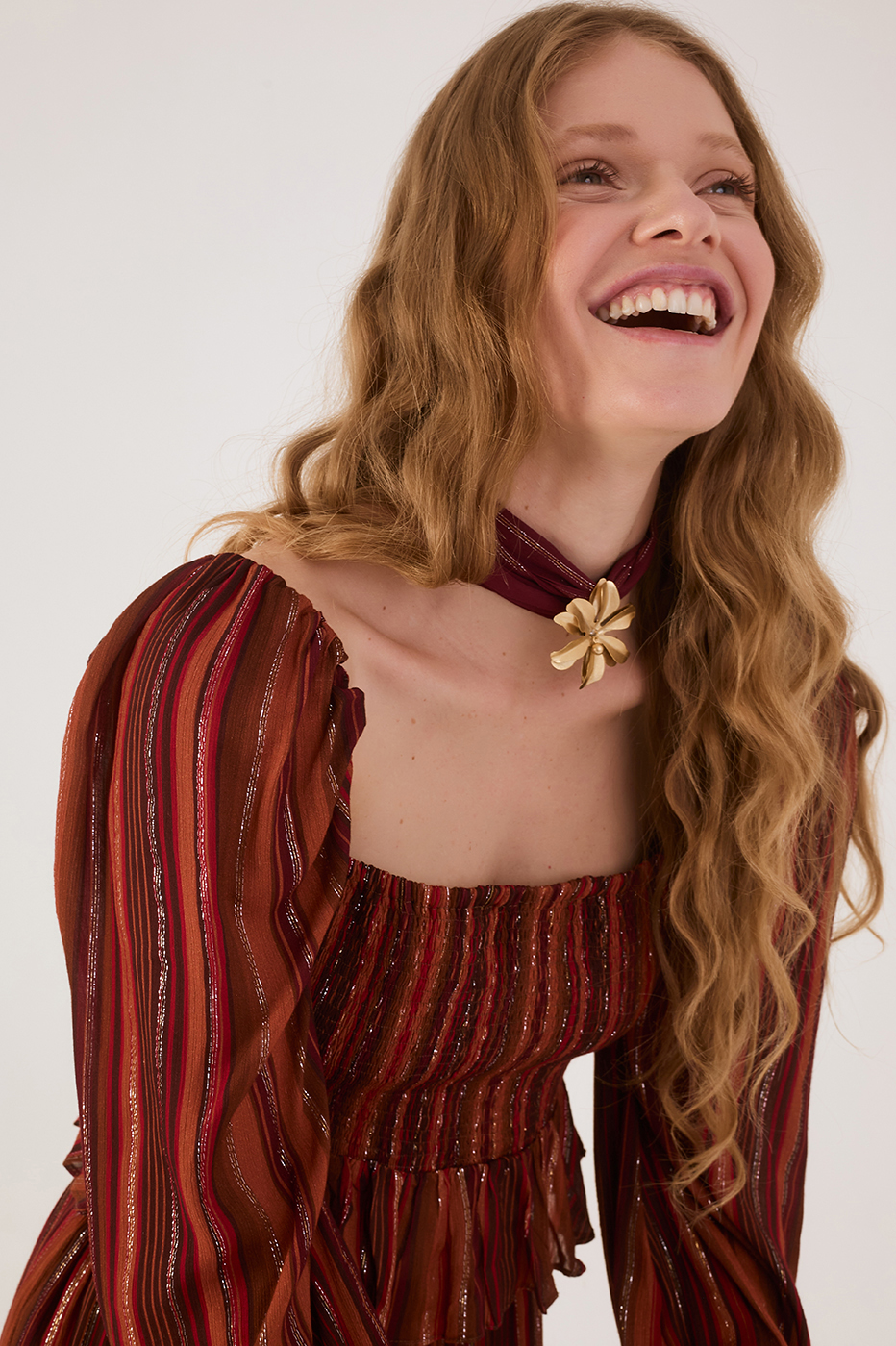 Brown Refugio Lurex Square Neck Smocked Bodice Blouse_3