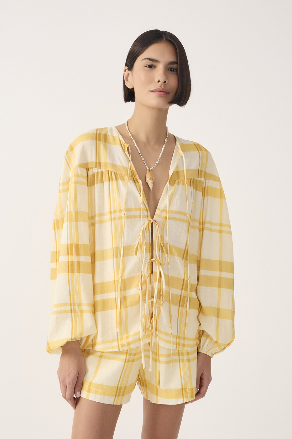 Yellow Plaid Puff Sleeves Tie-Front Blouse_3