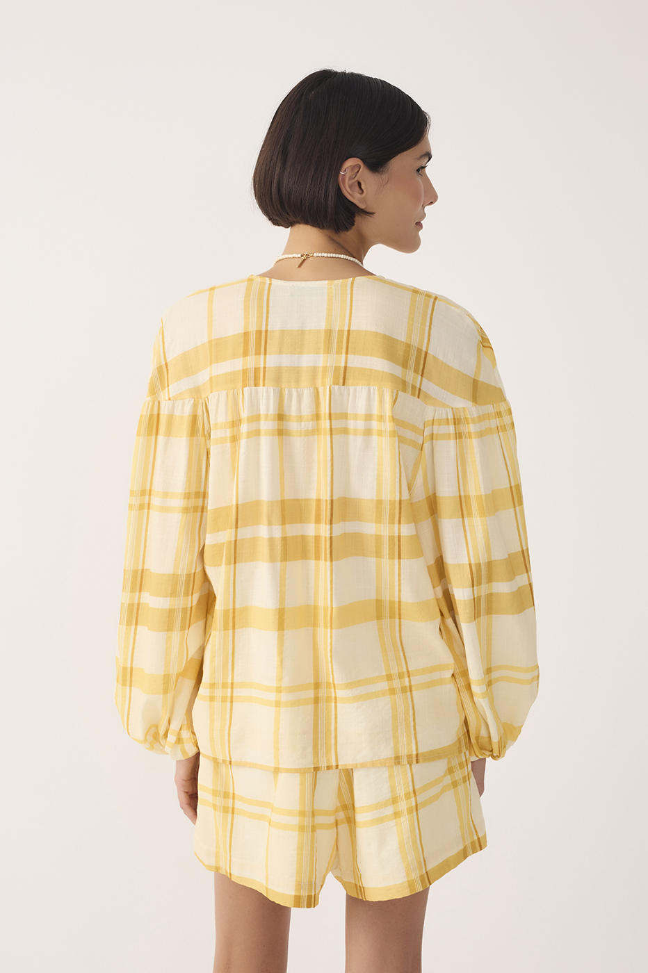 Yellow Plaid Puff Sleeves Tie-Front Blouse_6