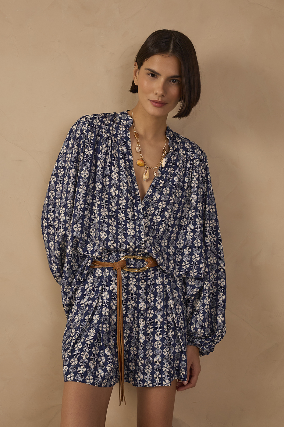 Blue Guarda-sol V Neck Puff Sleeve Blouse_1