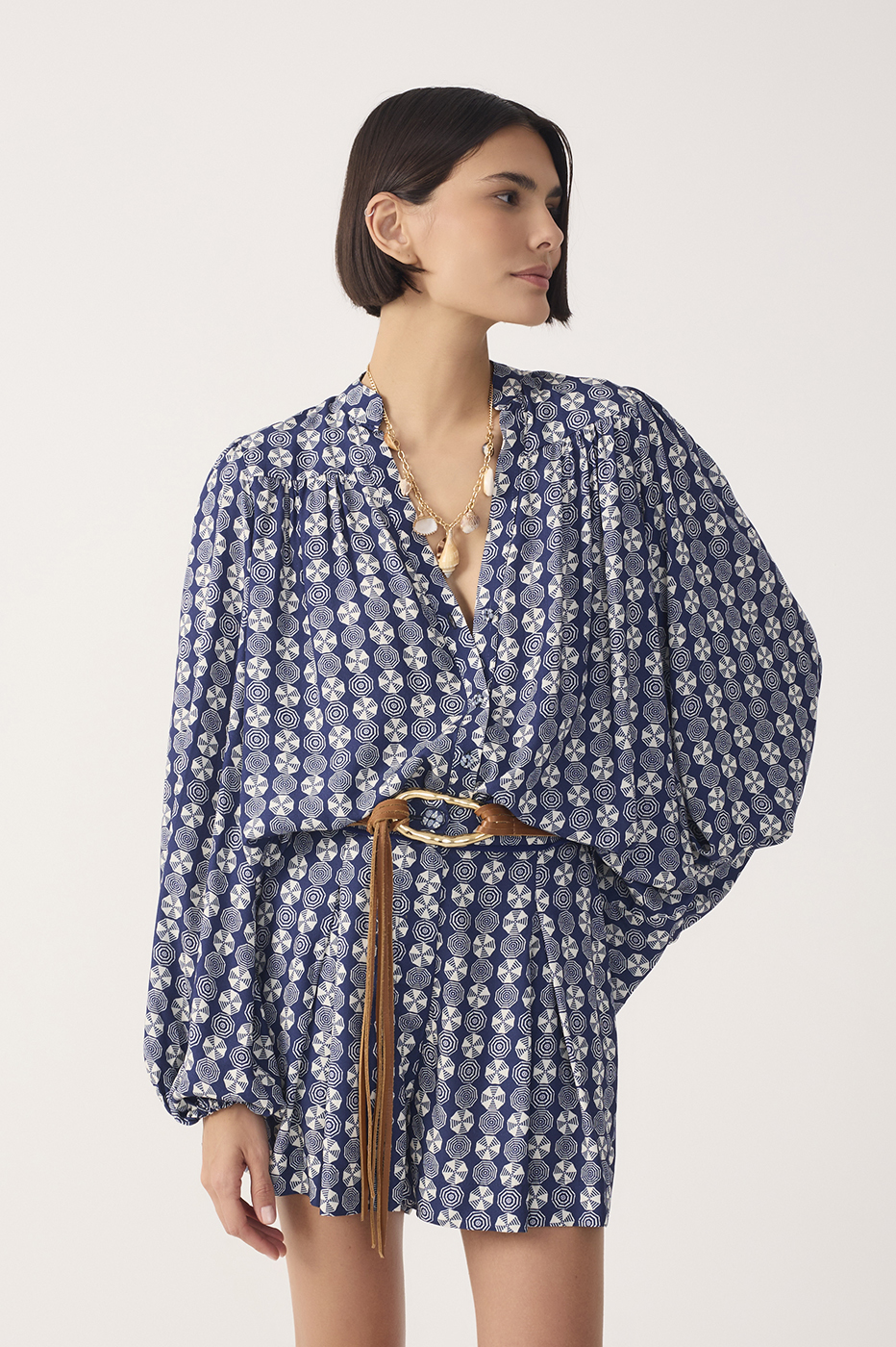 Blue Guarda-sol V Neck Puff Sleeve Blouse_2