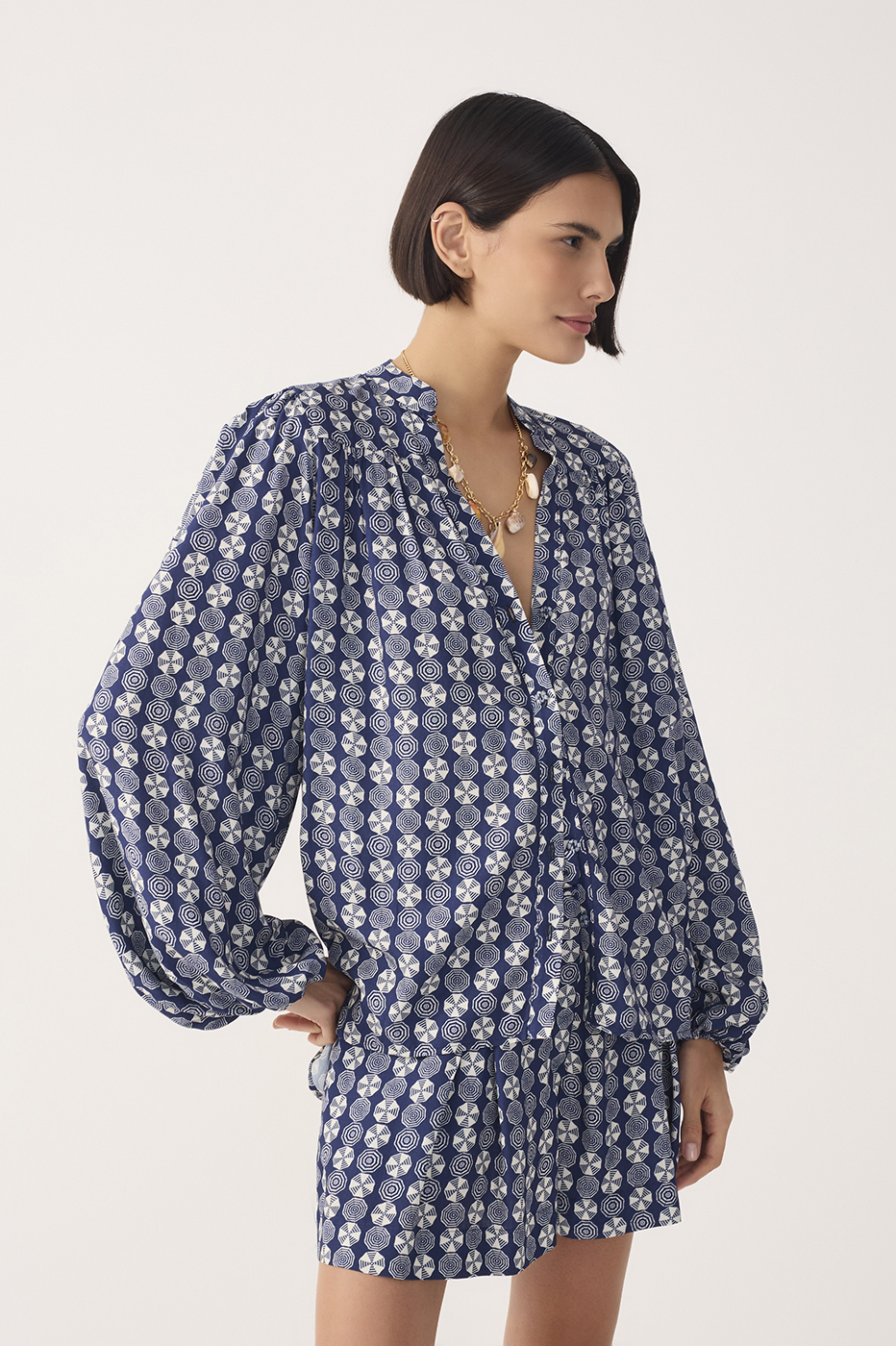 Blue Guarda-sol V Neck Puff Sleeve Blouse_4