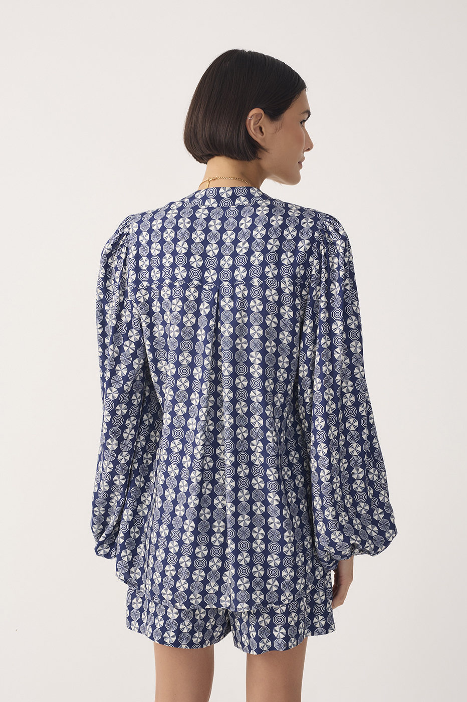 Blue Guarda-sol V Neck Puff Sleeve Blouse_6