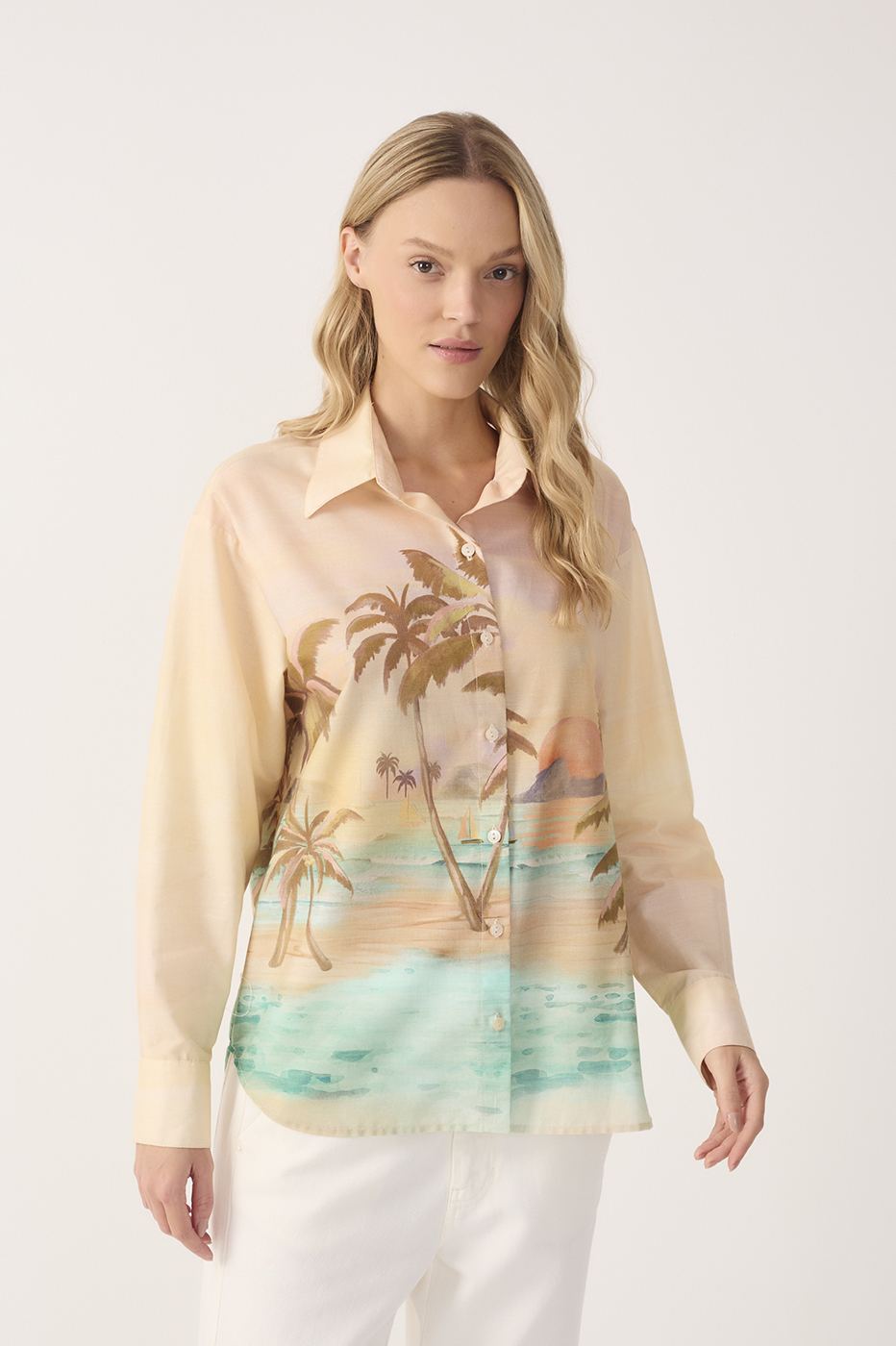 Beige Veranil Collared Buttoned Cotton Shirt_4