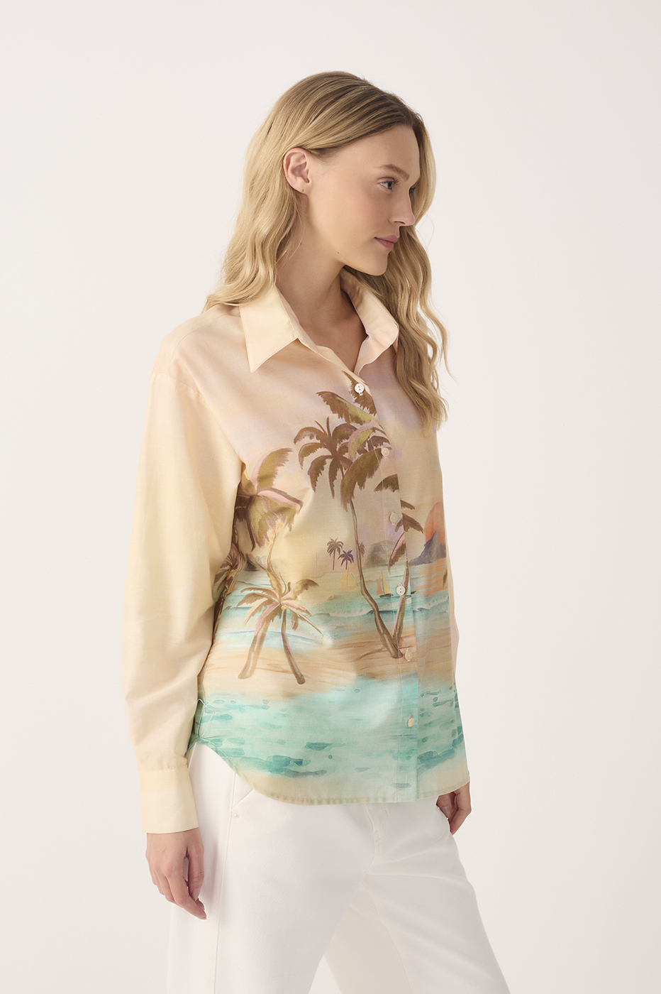 Beige Veranil Collared Buttoned Cotton Shirt_5