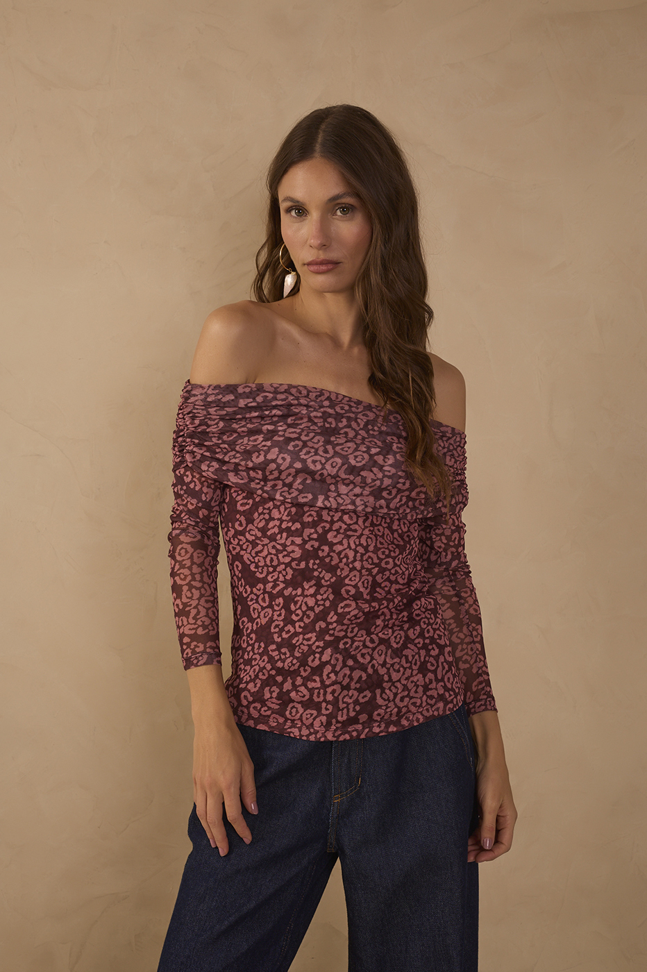 Brown Felina Off-the-shoulder Ruched Long Sleeve Tulle Blouse_1