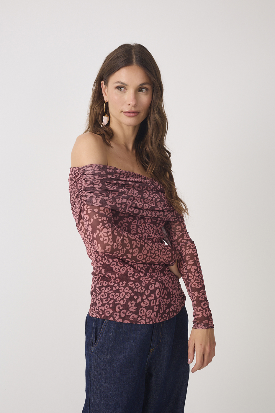 Brown Felina Off-the-shoulder Ruched Long Sleeve Tulle Blouse_3
