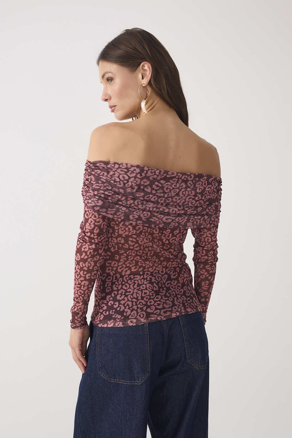 Brown Felina Off-the-shoulder Ruched Long Sleeve Tulle Blouse_4