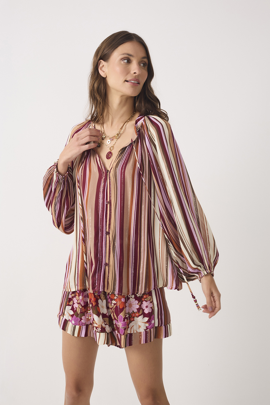 Aurora Stripes Lurex Front Ties Buttoned Wide Sleeve Blouse_3