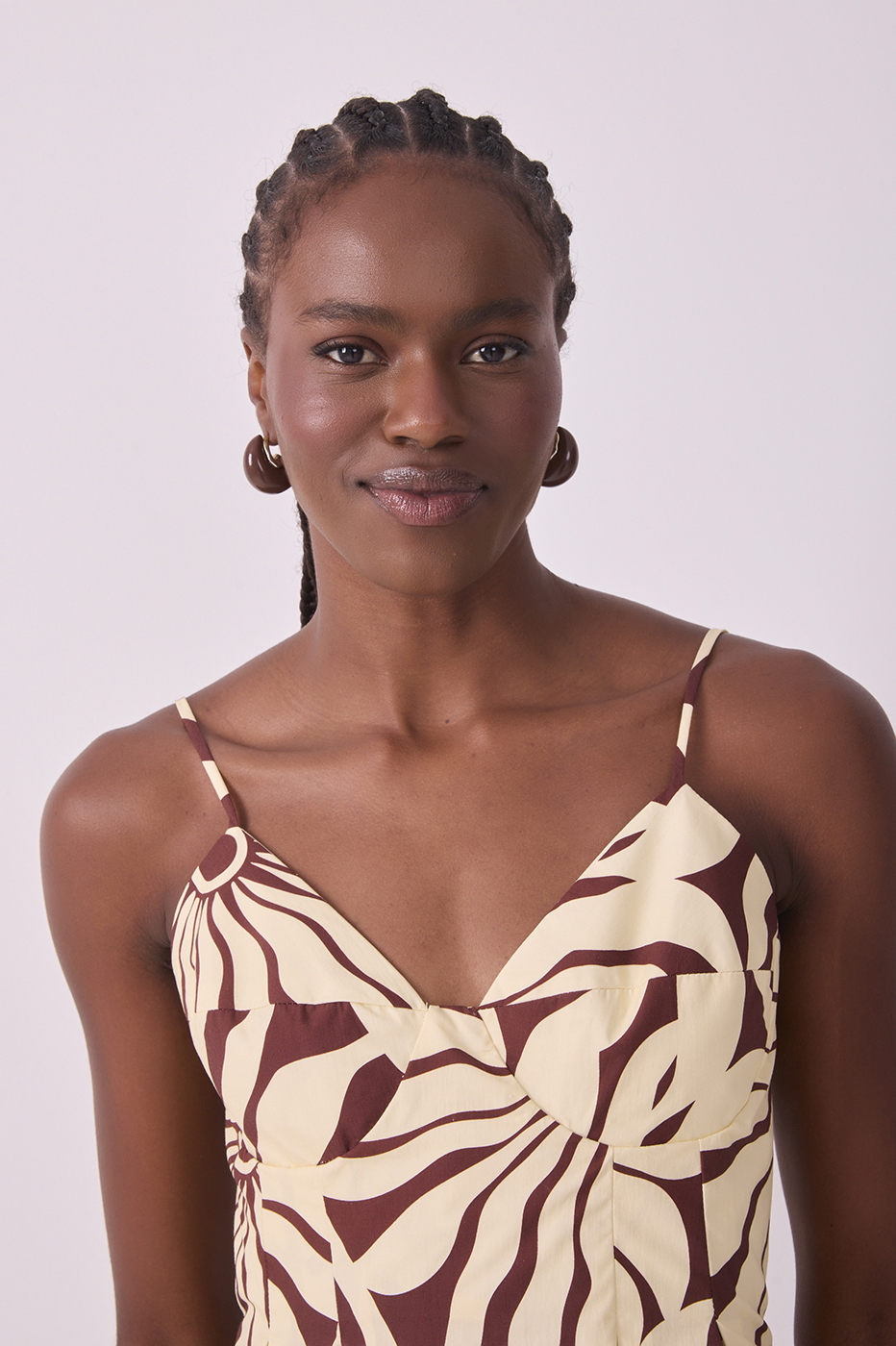 Brown Alvorecer V Neck Adjustable Straps Pleated Cotton Blouse_4