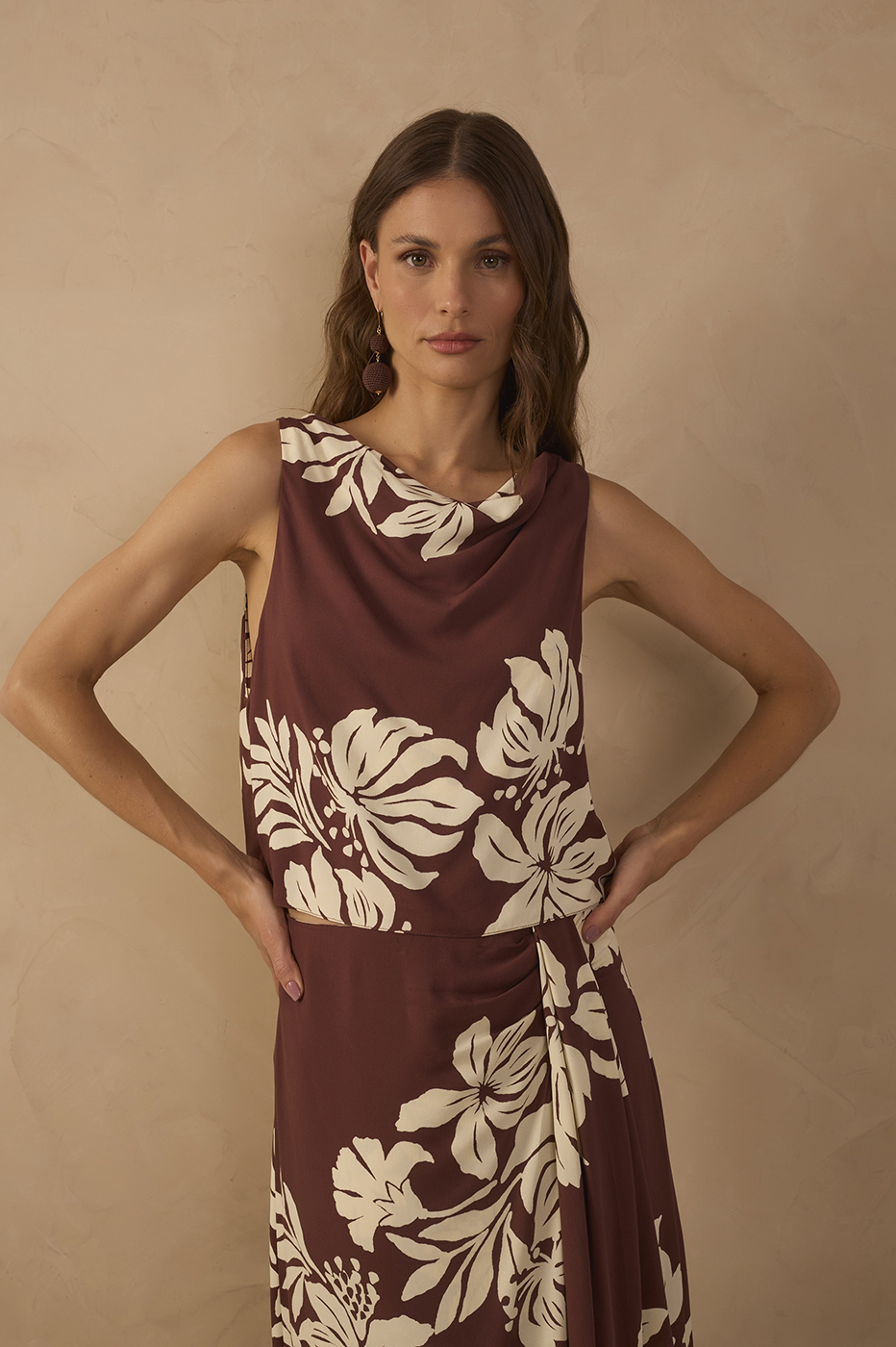 Brown Bela Flor Draped Neck Back Ties Sleeveless Blouse_1