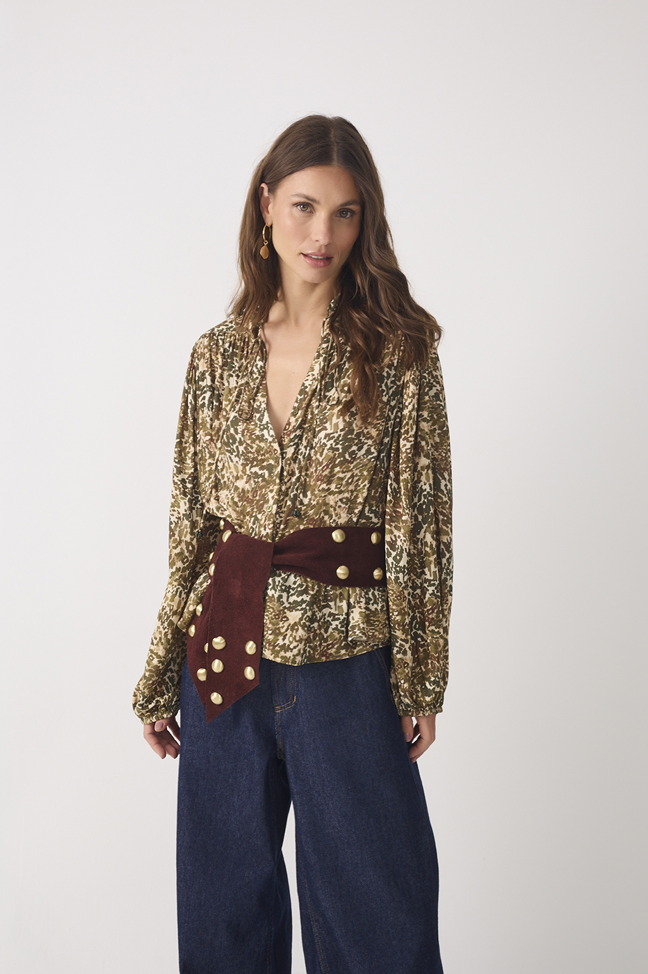 Green Front Ties Wide Sleeve Blouse_3