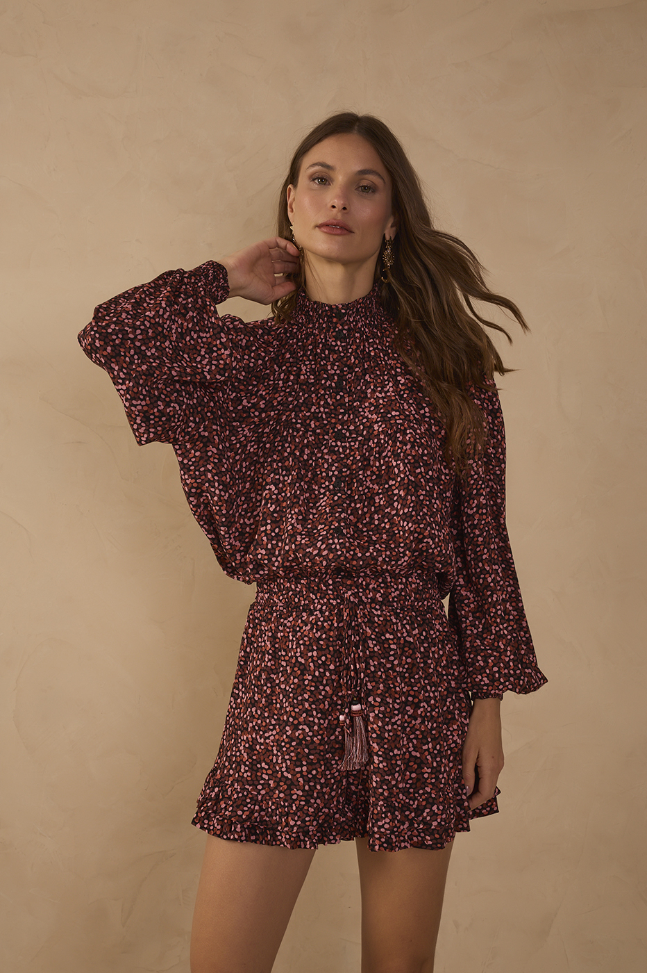 Brown Ceu High Neck Long Sleeve Smocked Blouse_1
