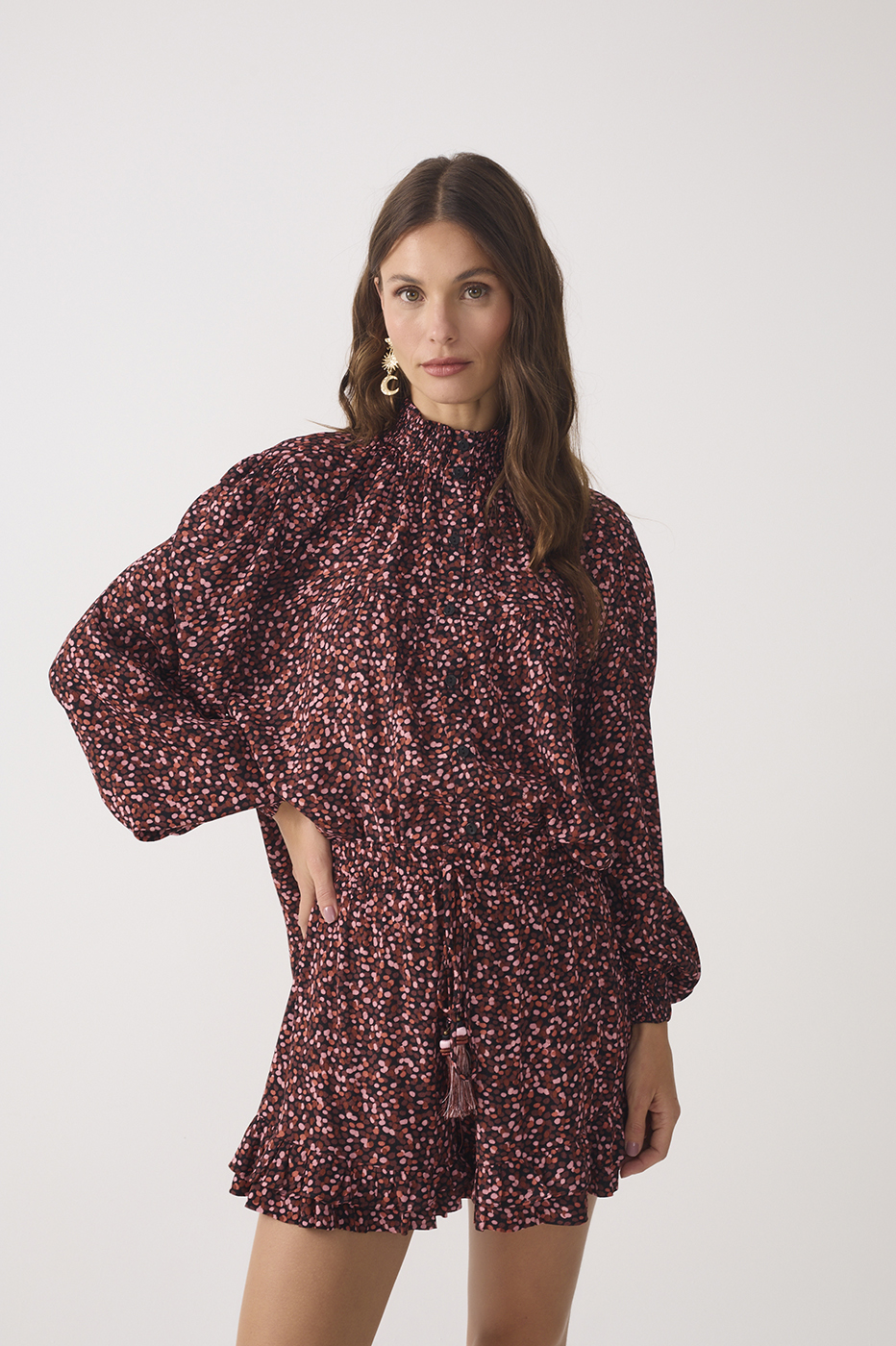 Brown Ceu High Neck Long Sleeve Smocked Blouse_2