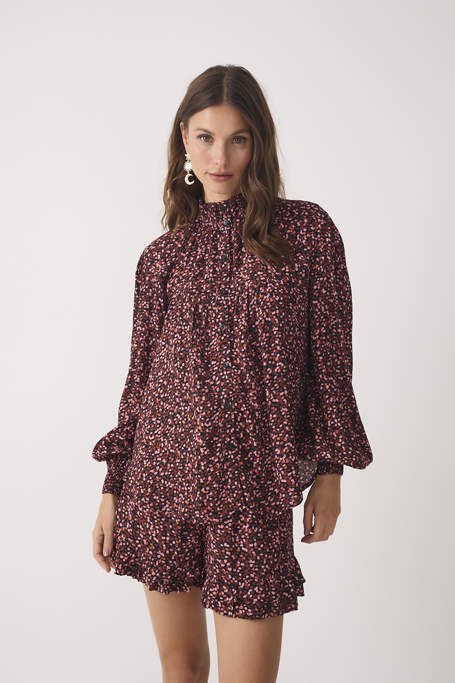 Brown Ceu High Neck Long Sleeve Smocked Blouse_4