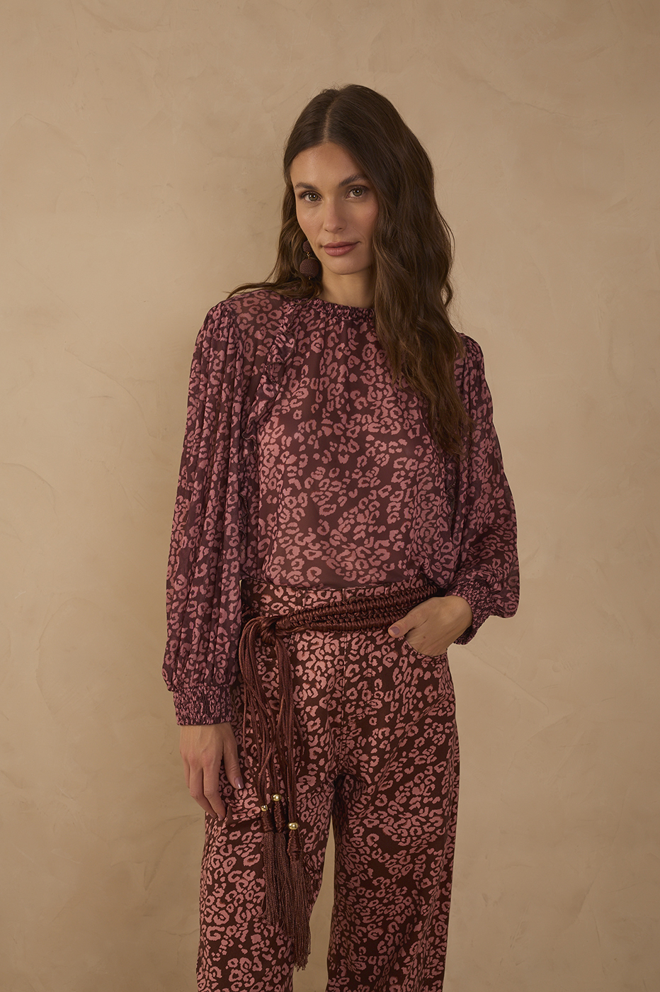 Brown Felina High Neck Long Sleeve Ruffled Hem Tulle Blouse_1