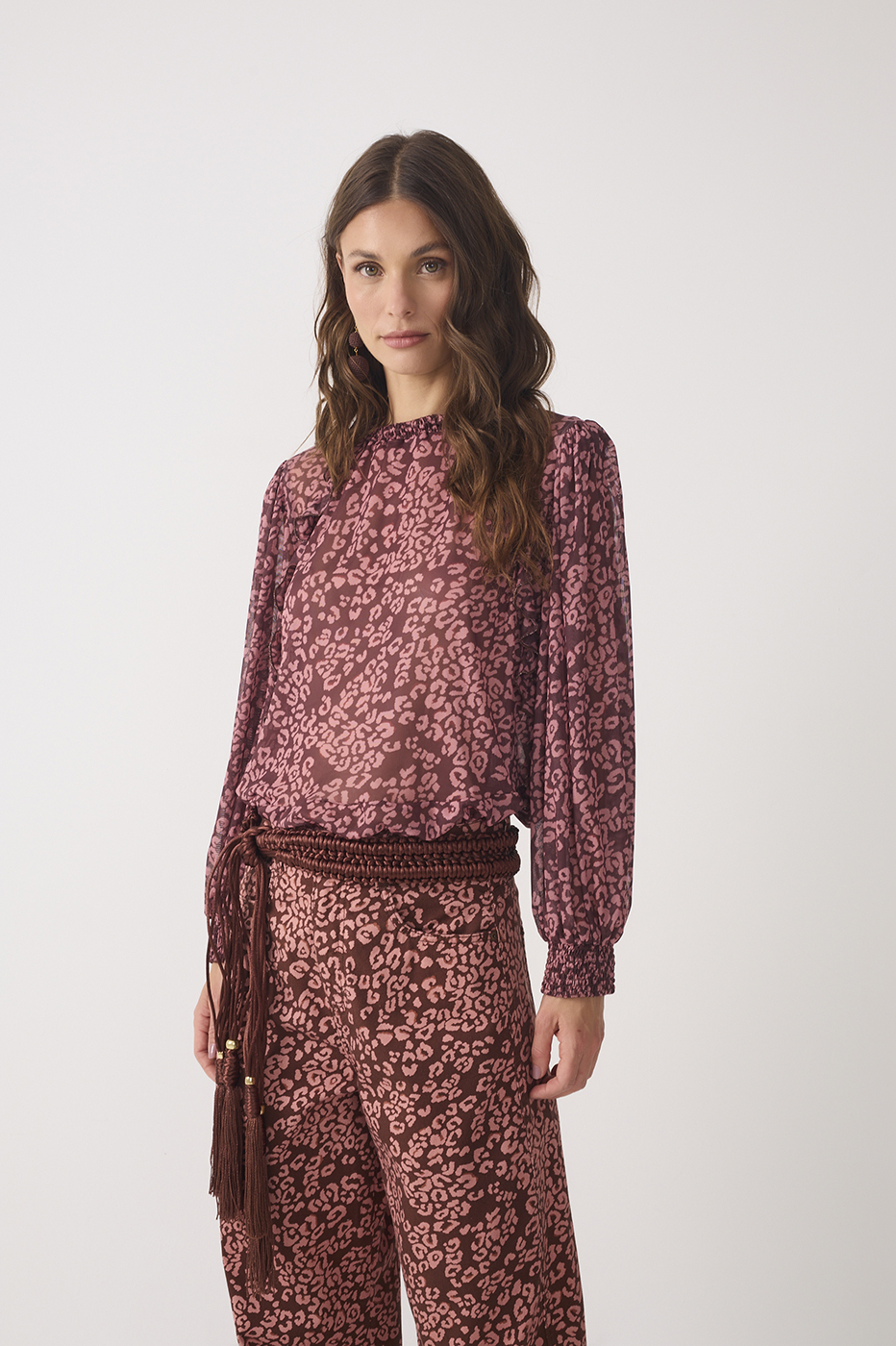 Brown Felina High Neck Long Sleeve Ruffled Hem Tulle Blouse_3