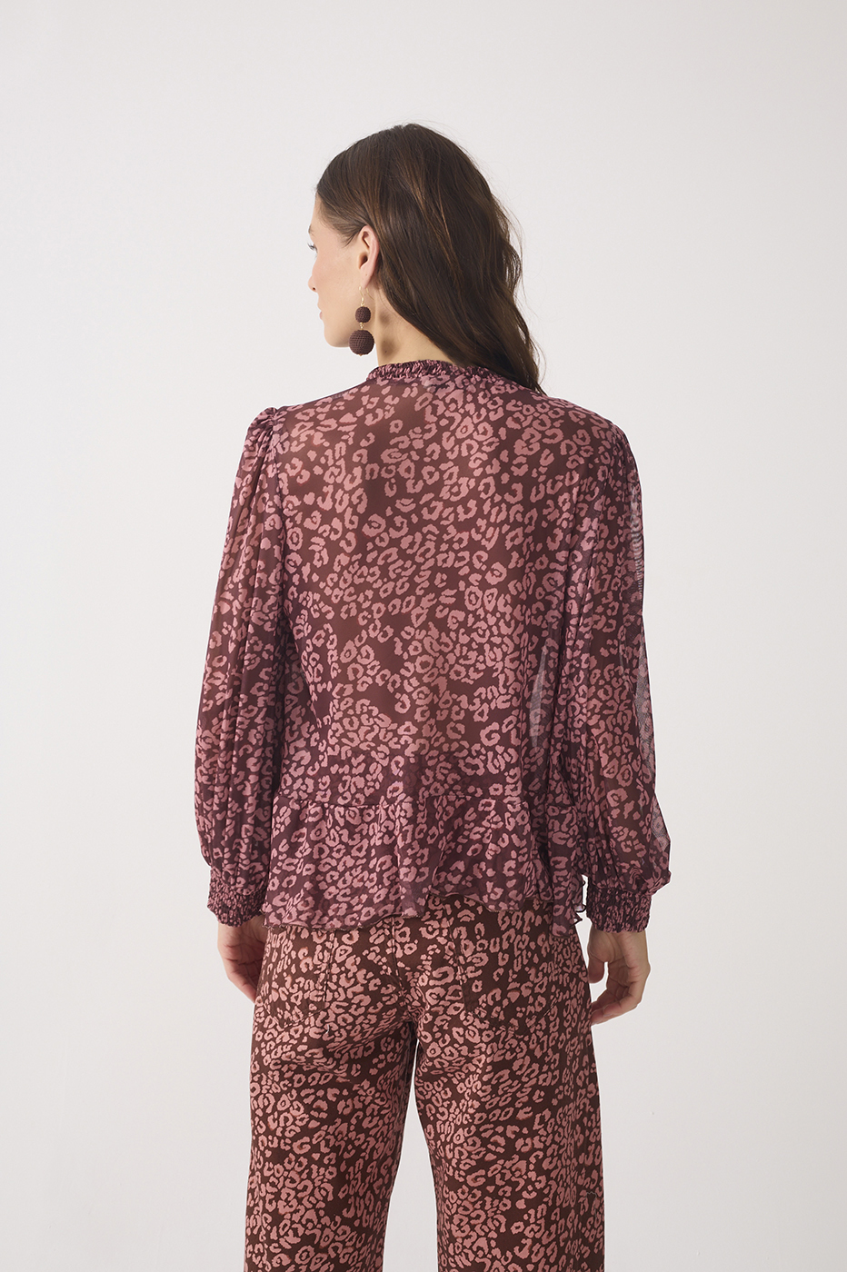 Brown Felina High Neck Long Sleeve Ruffled Hem Tulle Blouse_5