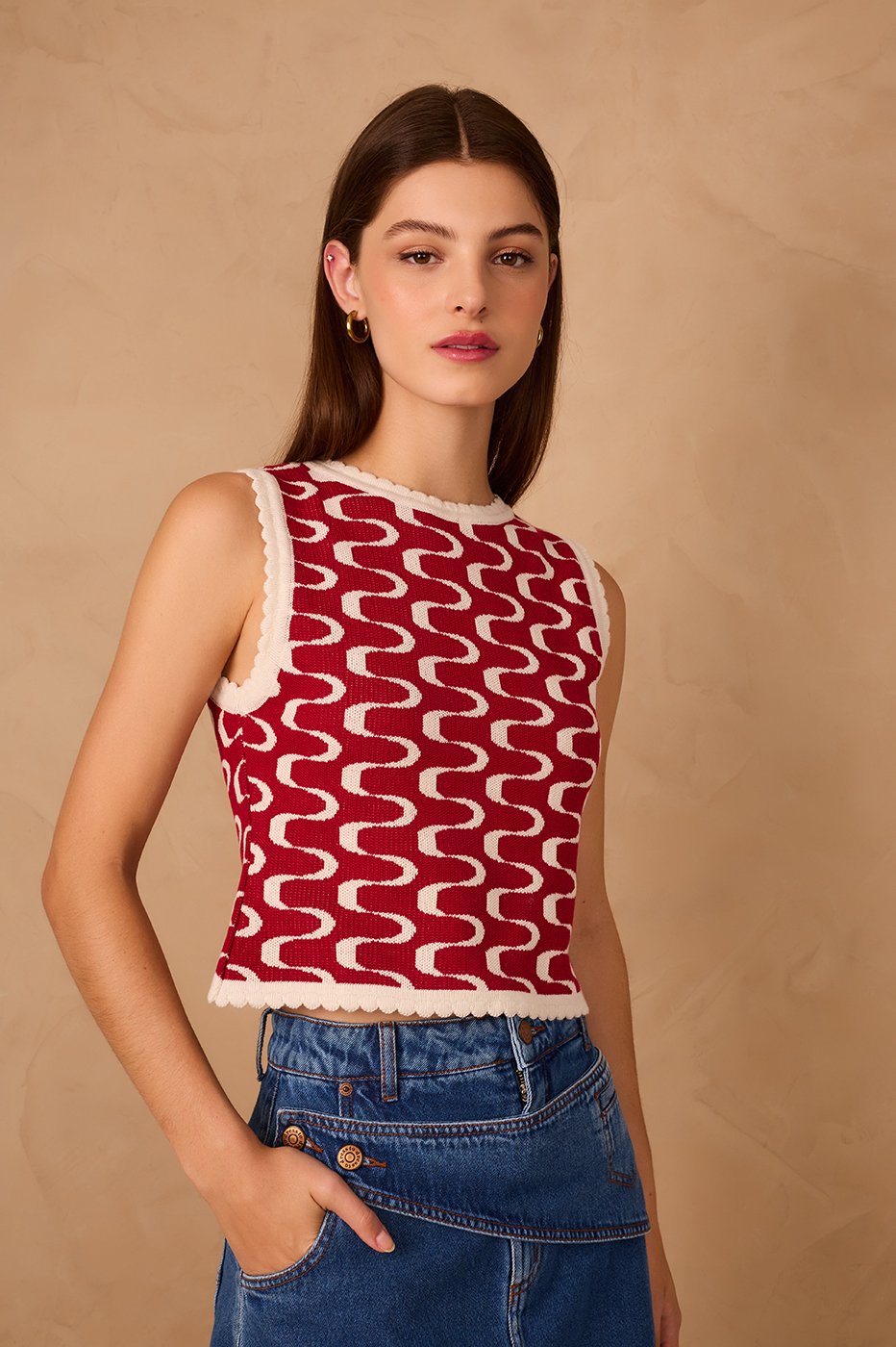 Red Copanema Print Knit Top