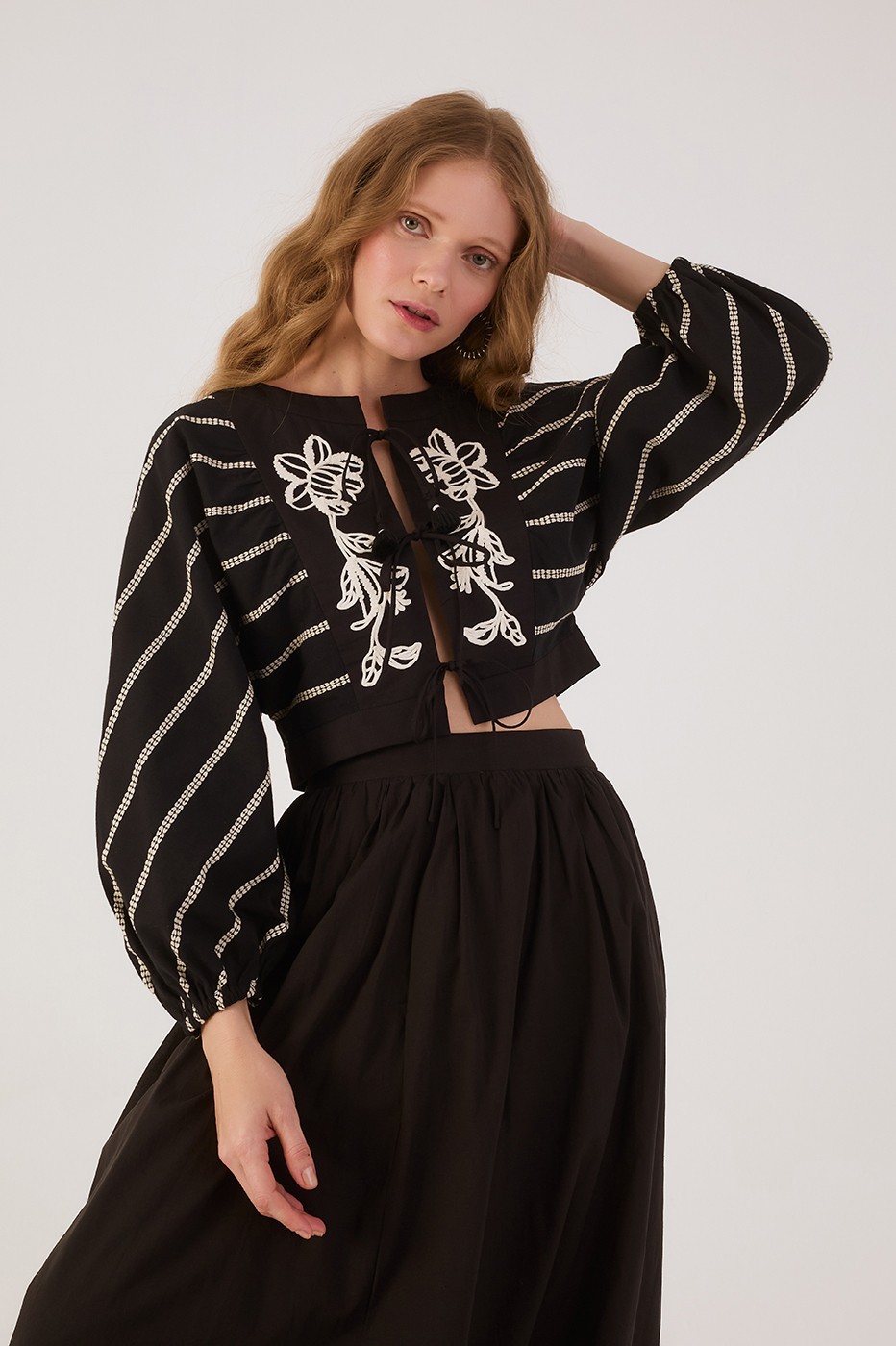 Black Embroidered Flowers Front Ties Puff Sleeve Blouse