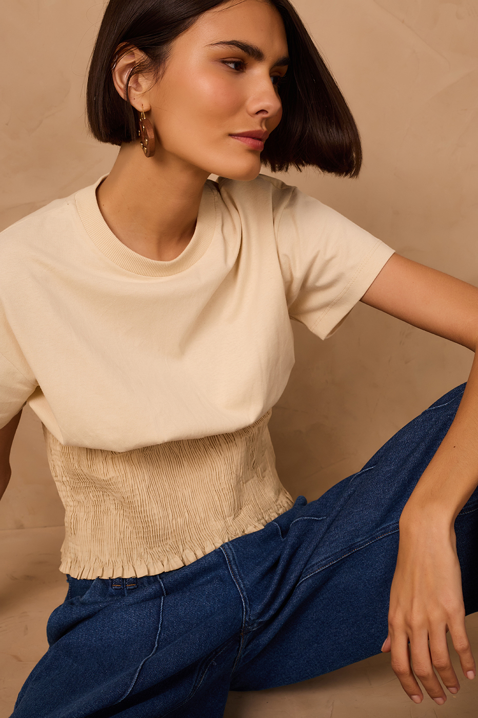 Off White Waist Smocked T-Shirt_1