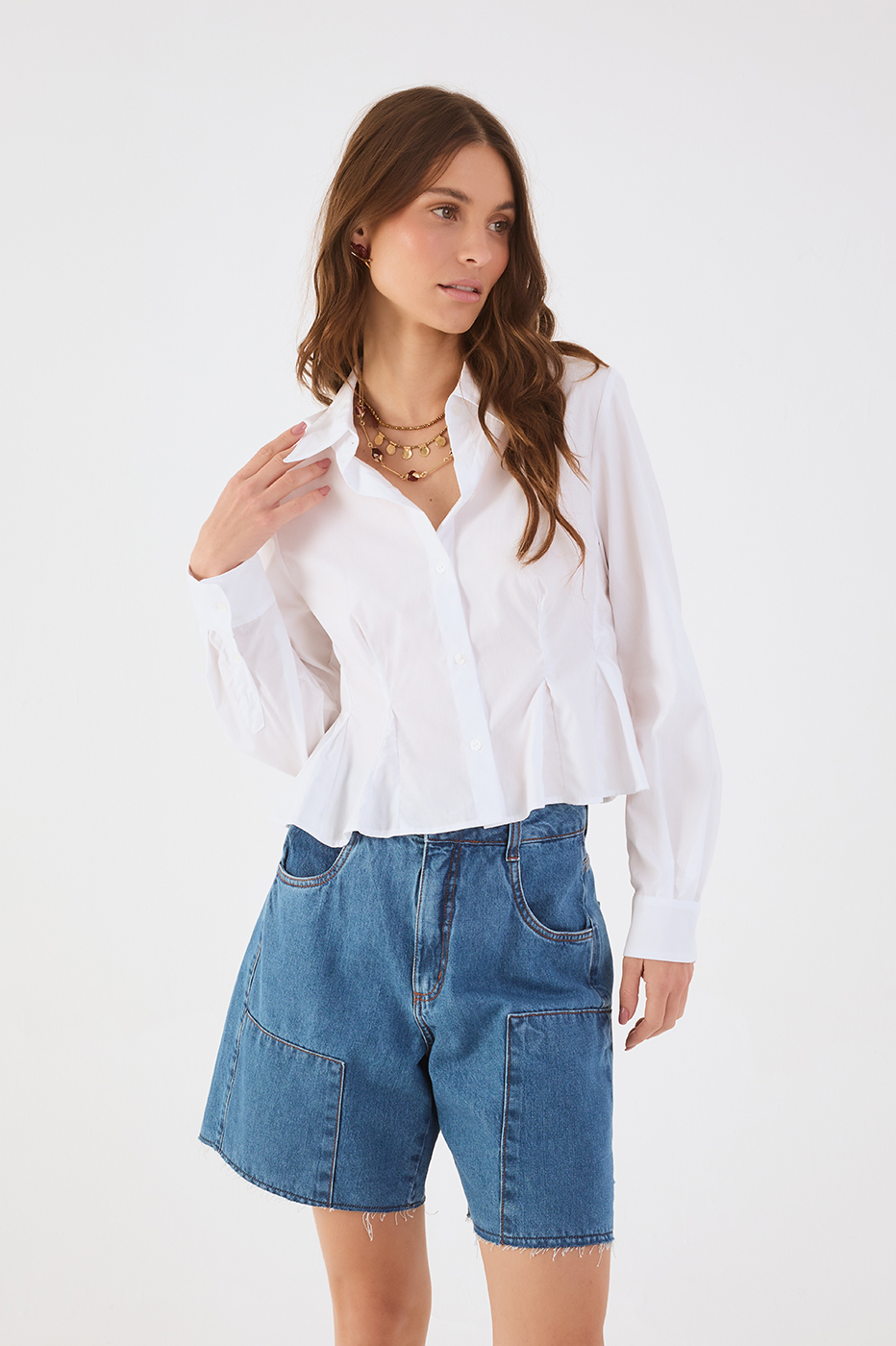 White Collared Buttoned Pleats Peplum Shirt_2