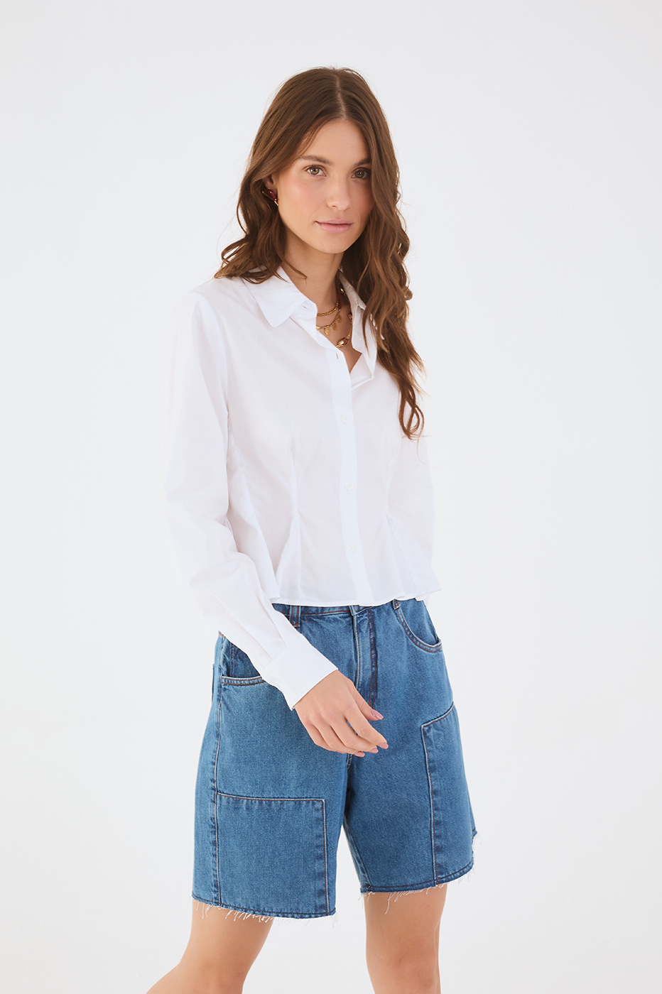 White Collared Buttoned Pleats Peplum Shirt