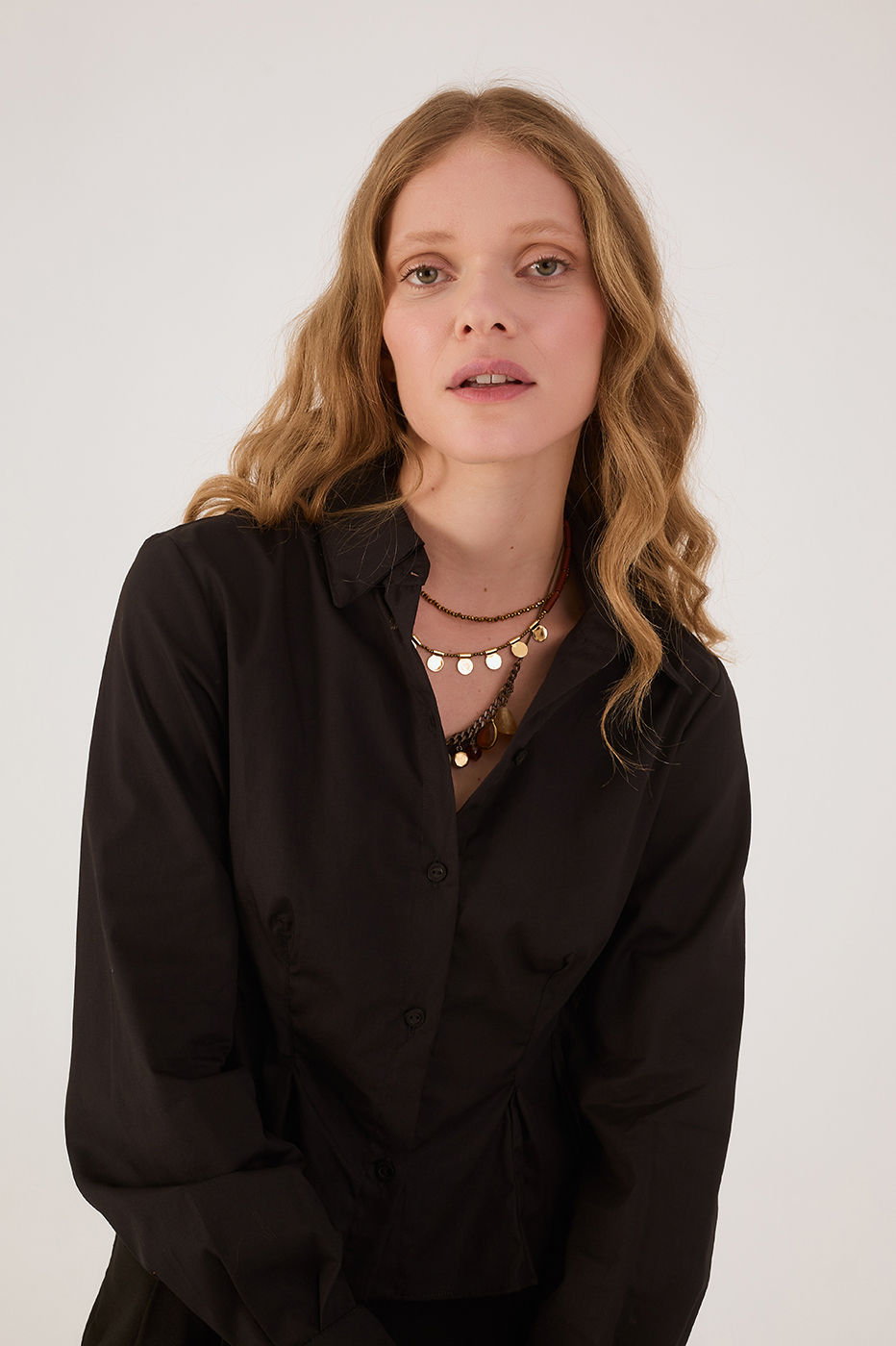 Black Collared Buttoned Pleats Peplum Shirt
