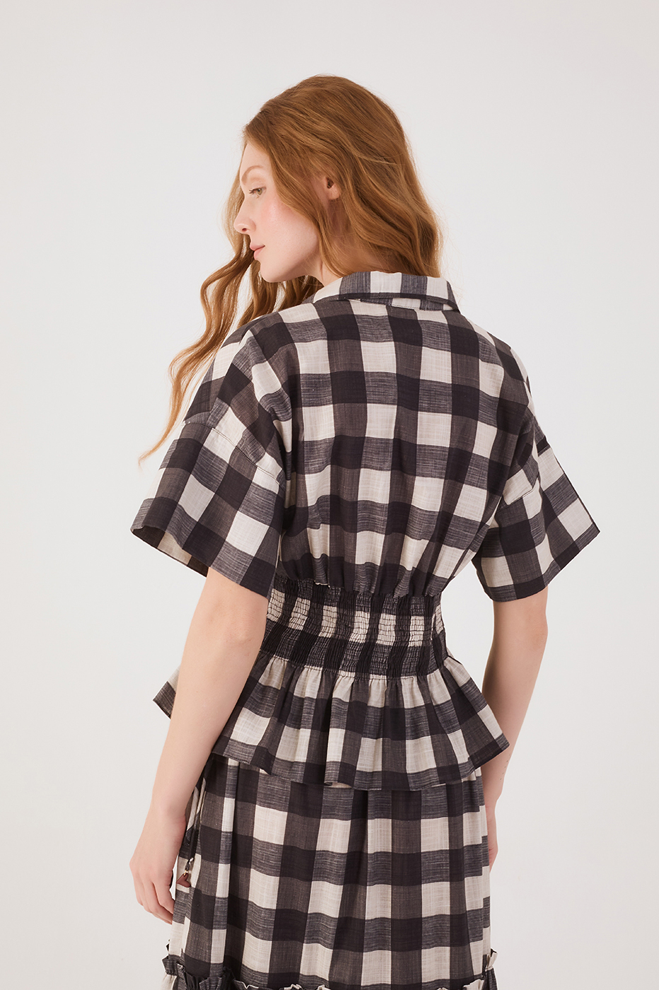 Black Plaid V Neck Smocked Short Sleeve Blouse