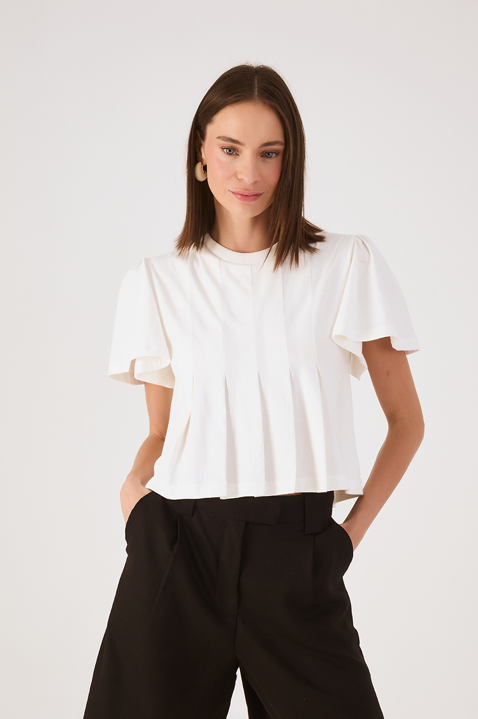 Off-White Pleats Crew Neck Short Sleeve Blouse