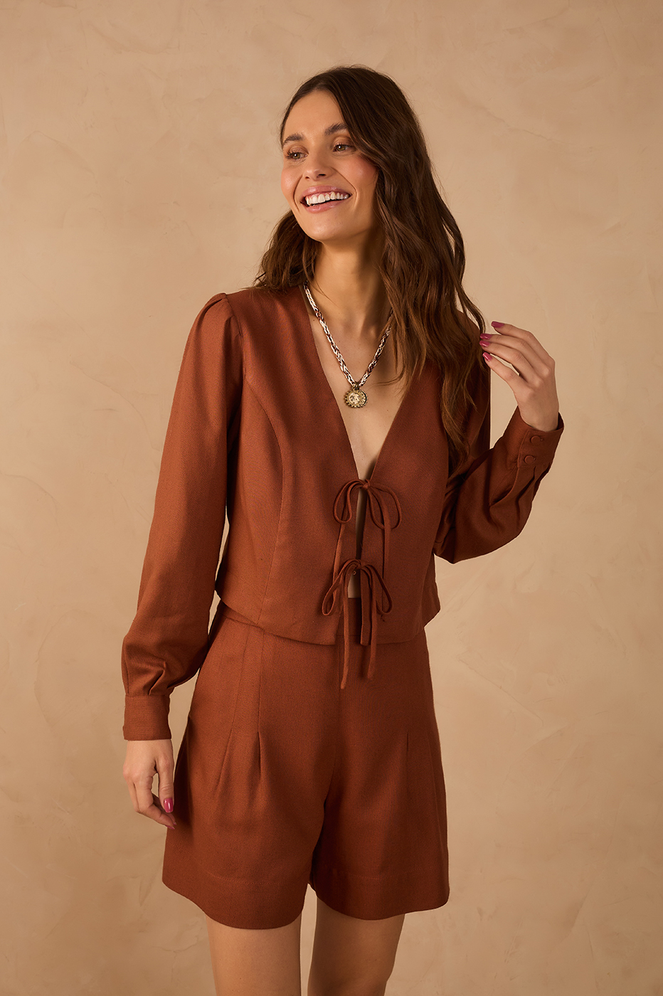 Brown Mate V Neck Front Ties Linen Blouse_1