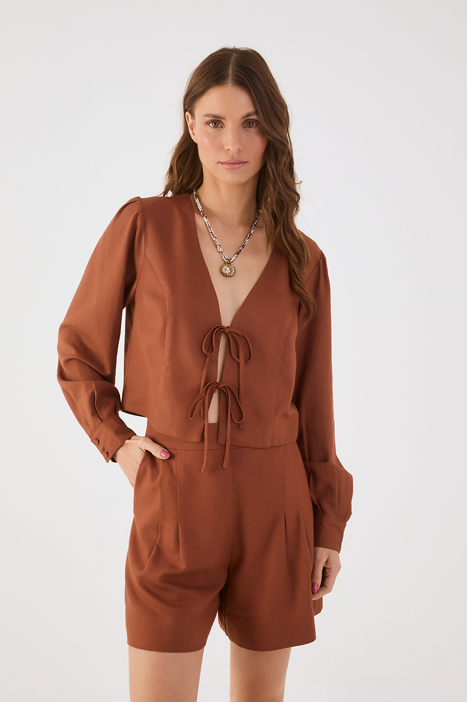 Brown Mate V Neck Front Ties Linen Blouse_2