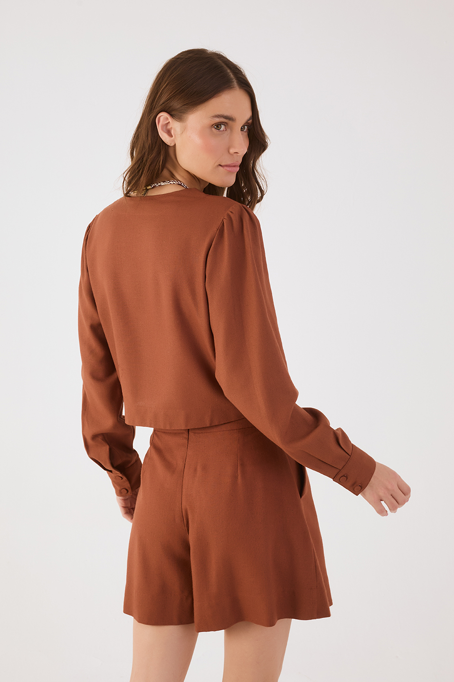 Brown Mate V Neck Front Ties Linen Blouse_5