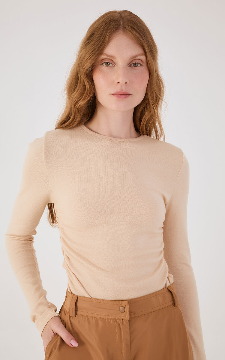 Off-White Long Sleeve Ruched Tricot Blouse