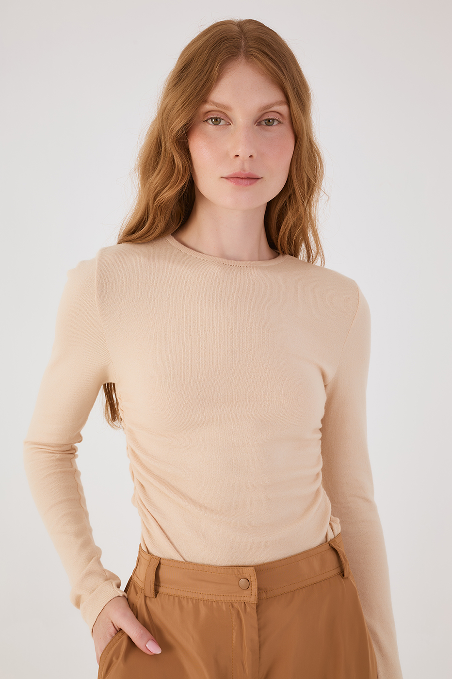 Off-White Long Sleeve Ruched Tricot Blouse