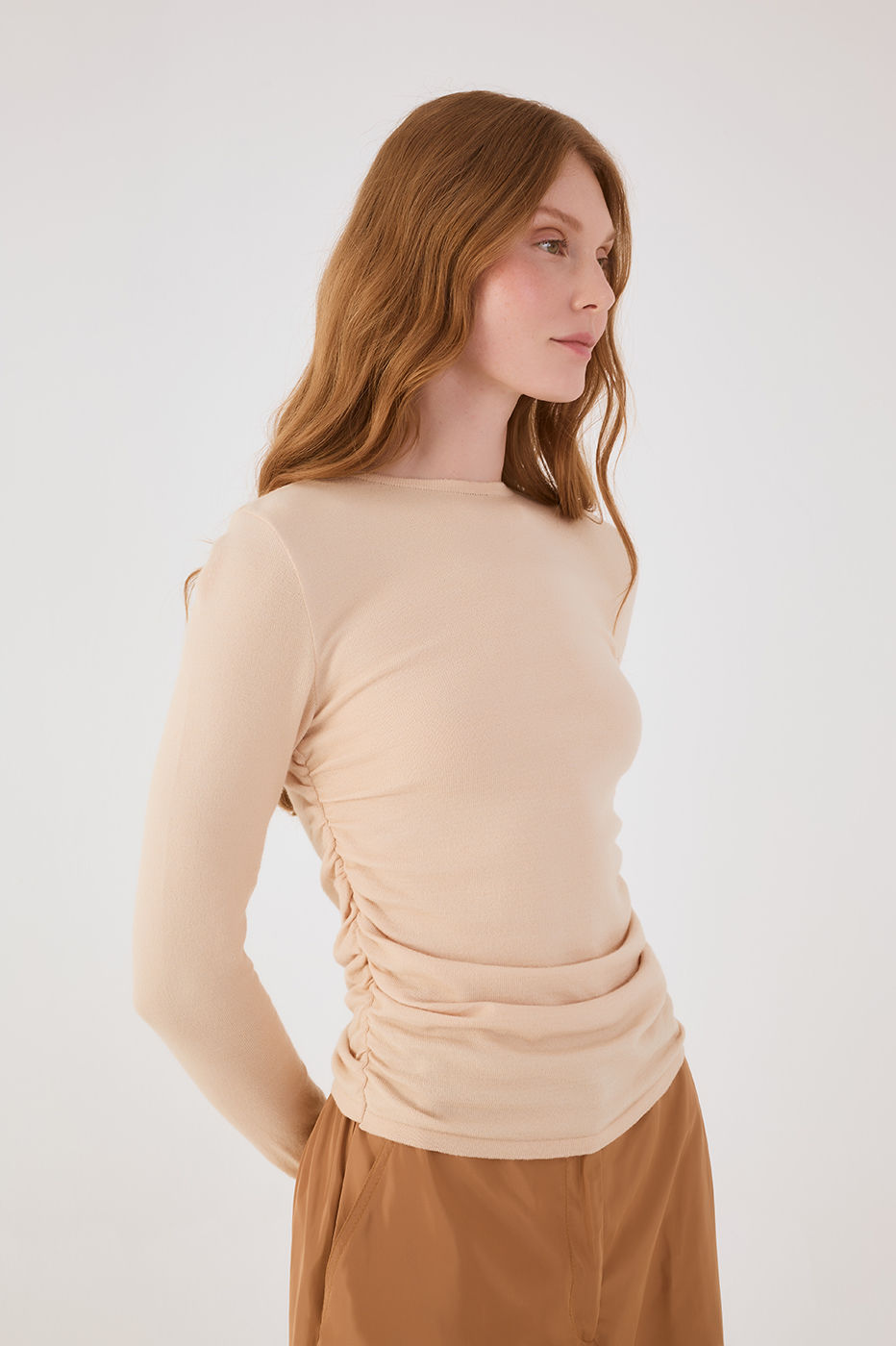 Off-White Long Sleeve Ruched Tricot Blouse