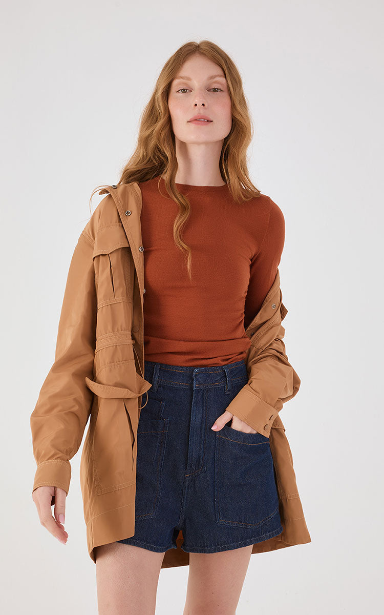 Brown Mate Long Sleeve Ruched Tricot Blouse