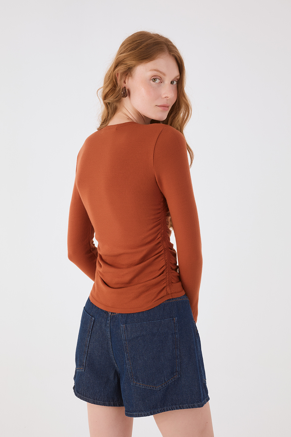 Brown Mate Long Sleeve Ruched Tricot Blouse_6