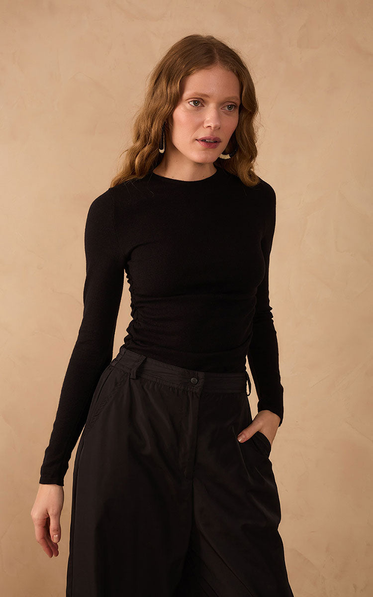 Black Long Sleeve Ruched Tricot Blouse
