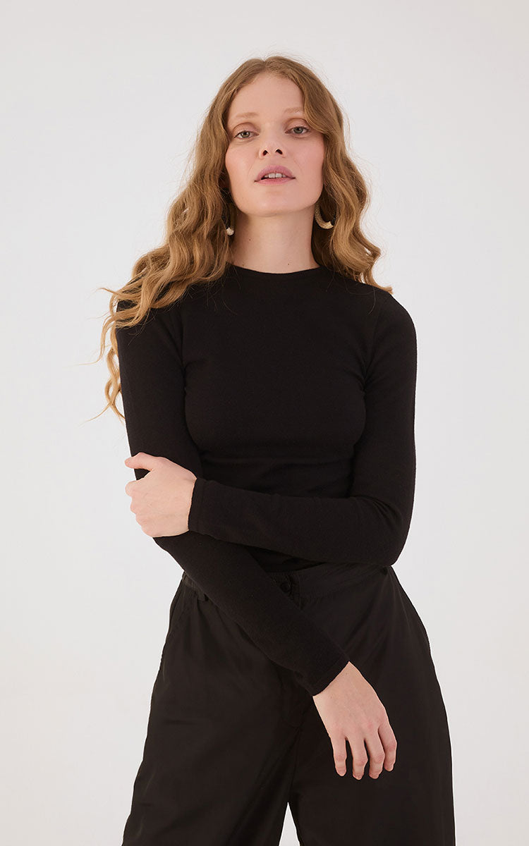 Black Long Sleeve Ruched Tricot Blouse
