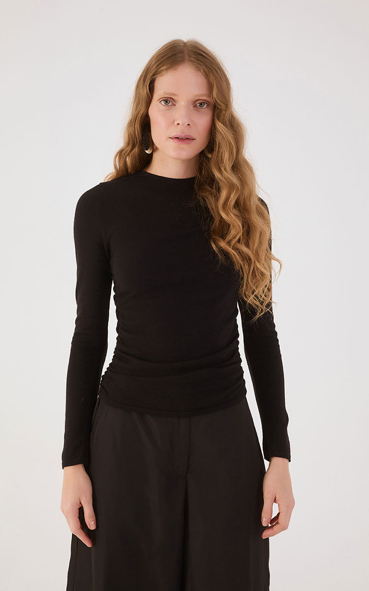 Black Long Sleeve Ruched Tricot Blouse