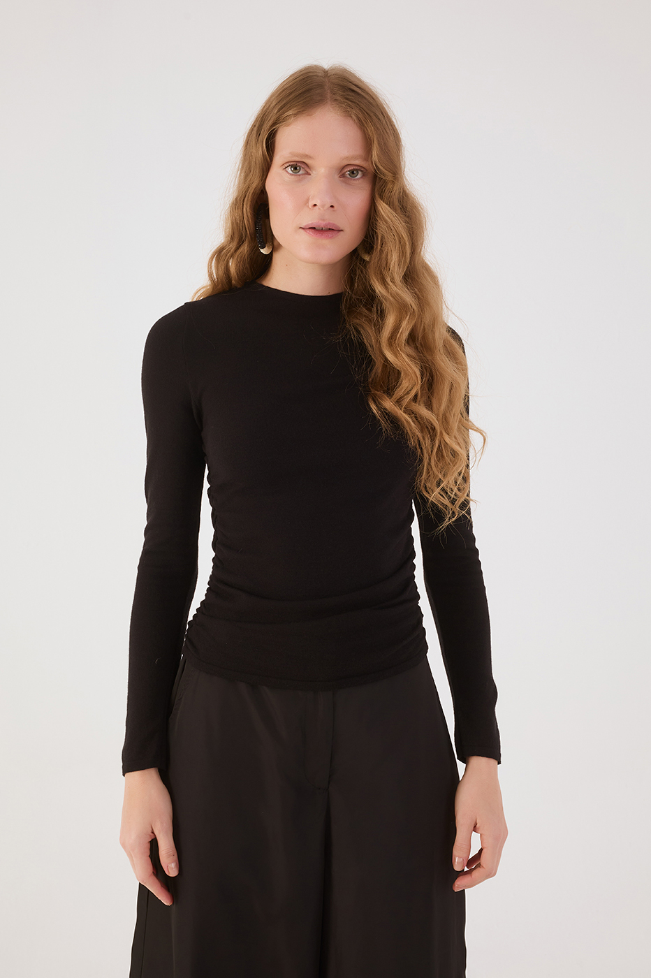 Black Long Sleeve Ruched Tricot Blouse