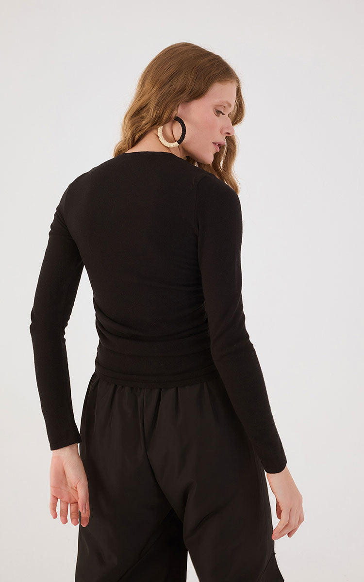 Black Long Sleeve Ruched Tricot Blouse